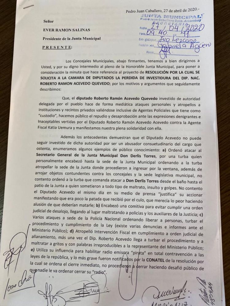 SOLICITARAN LA PERDIDA DE INVESTIDURA DEL DIPUTADO ROBERT ACEVEDO.