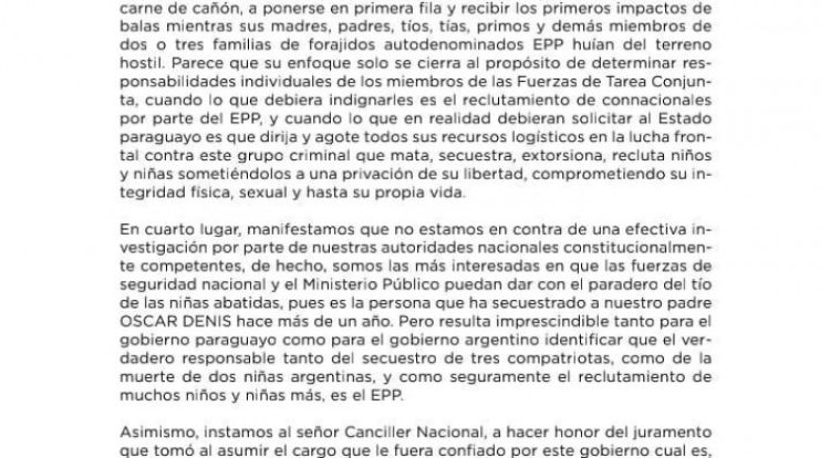 Familia Denis repudia exigencia argentina de investigar muerte de niñas reclutadas por el EPP