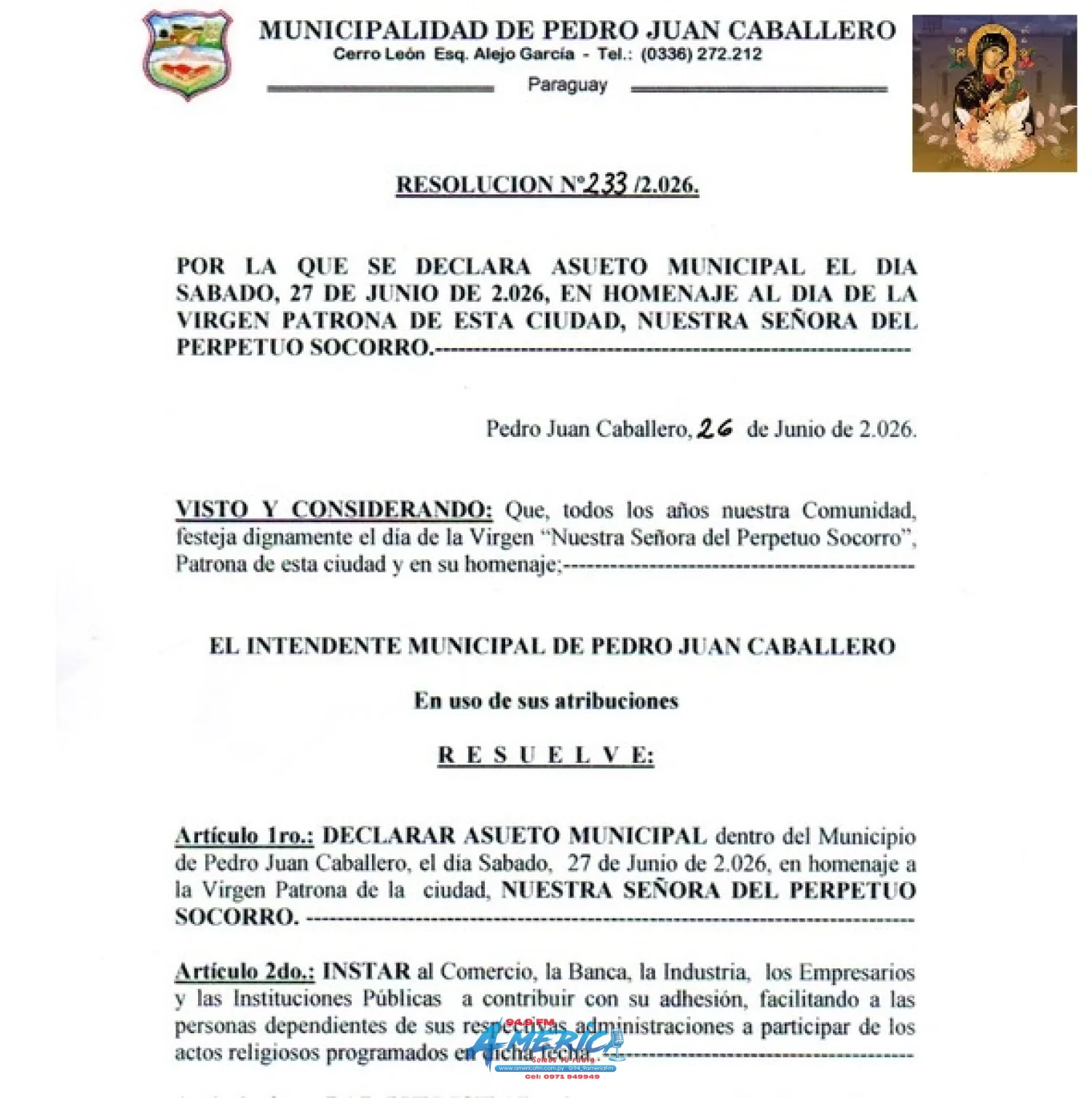 Pedro Juan Caballero declara asueto municipal este sábado por el Día de la Virgen del Perpetuo Socorro