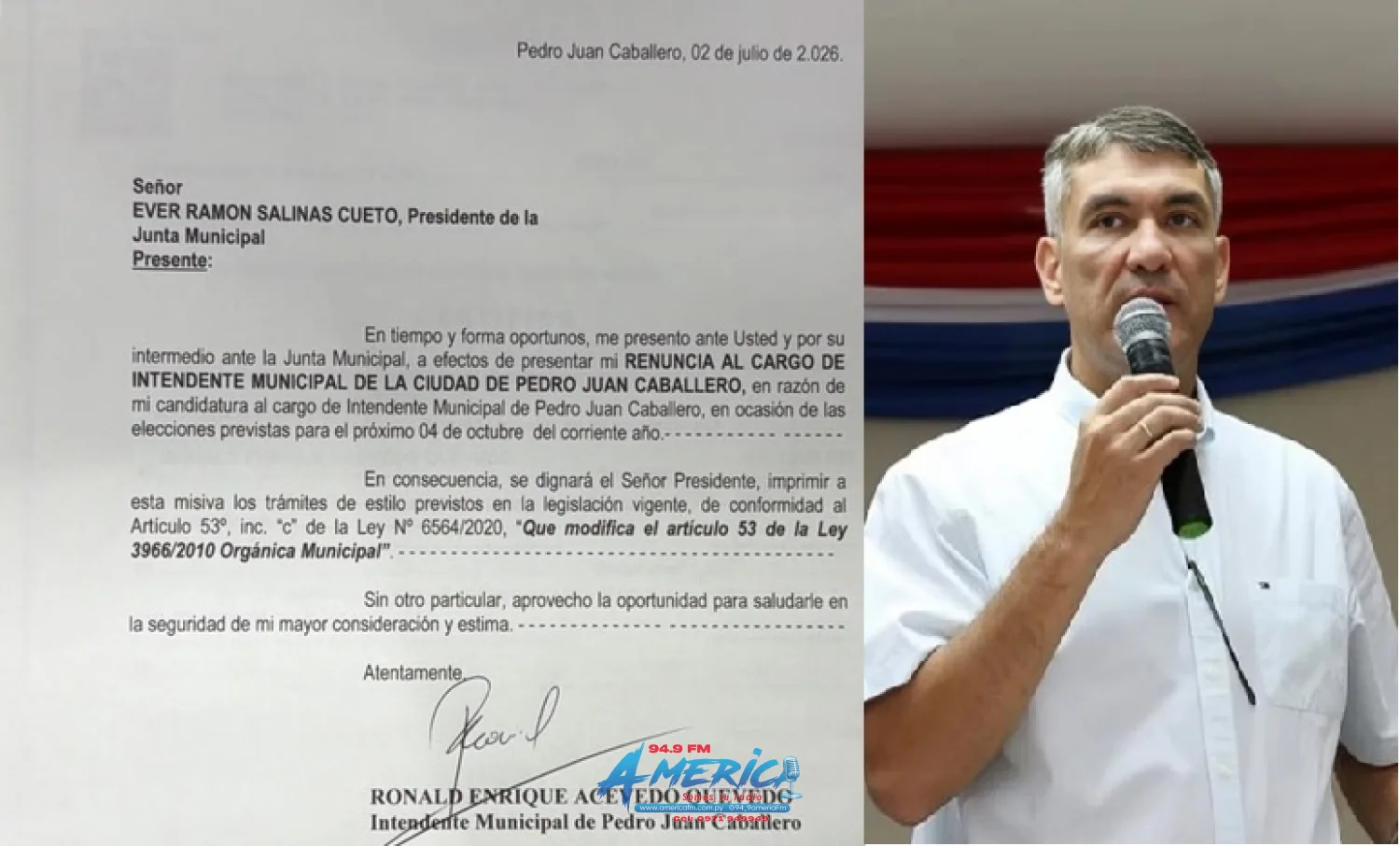 Ronald Acevedo presenta renuncia oficial a la Intendencia Municipal