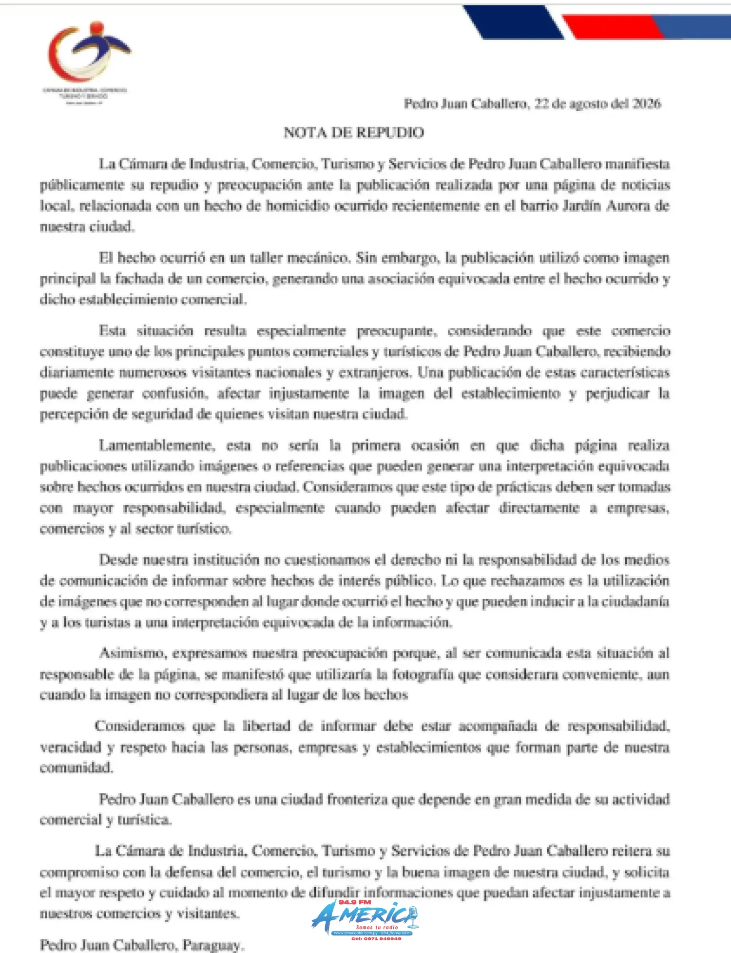 Comunicado de la Cámara de Industria, Comercio, Turismos y Servicios a la opinión pública